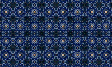 Soyut arkaplanı olan kusursuz bir model. Siyah ve mavi renkli klasik çiçek deseni..