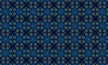 Soyut arkaplanı olan kusursuz bir model. Siyah ve mavi renkli klasik çiçek deseni..