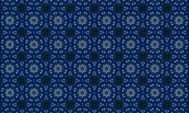 Soyut arkaplanı olan kusursuz bir model. Siyah ve mavi renkli klasik çiçek deseni..
