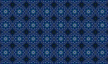 Soyut arkaplanı olan kusursuz bir model. Siyah ve mavi renkli klasik çiçek deseni..