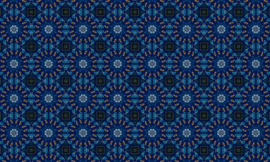 Soyut arkaplanı olan kusursuz bir model. Siyah ve mavi renkli klasik çiçek deseni..