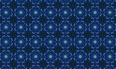 Soyut arkaplanı olan kusursuz bir model. Siyah ve mavi renkli klasik çiçek deseni..