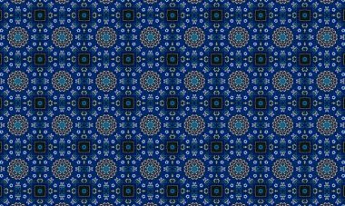 Soyut arkaplanı olan kusursuz bir model. Siyah ve mavi renkli klasik çiçek deseni..