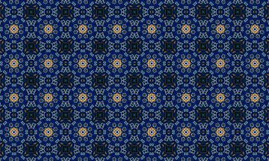 Soyut arkaplanı olan kusursuz bir model. Siyah ve mavi renkli klasik çiçek deseni..