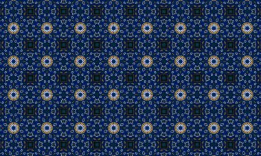 Soyut arkaplanı olan kusursuz bir model. Siyah ve mavi renkli klasik çiçek deseni..
