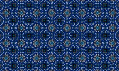 Soyut arkaplanı olan kusursuz bir model. Siyah ve mavi renkli klasik çiçek deseni..