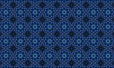 Soyut arkaplanı olan kusursuz bir model. Siyah ve mavi renkli klasik çiçek deseni..