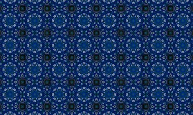 Soyut arkaplanı olan kusursuz bir model. Siyah ve mavi renkli klasik çiçek deseni..