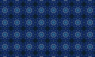 Soyut arkaplanı olan kusursuz bir model. Siyah ve mavi renkli klasik çiçek deseni..