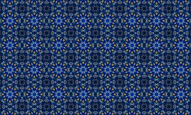 Soyut arkaplanı olan kusursuz bir model. Siyah ve mavi renkli klasik çiçek deseni..