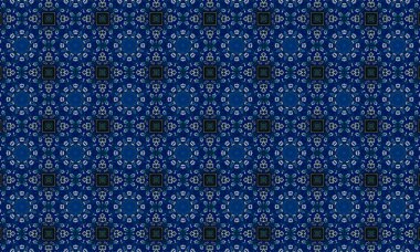 Soyut arkaplanı olan kusursuz bir model. Siyah ve mavi renkli klasik çiçek deseni..