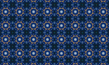 Soyut arkaplanı olan kusursuz bir model. Siyah ve mavi renkli klasik çiçek deseni..