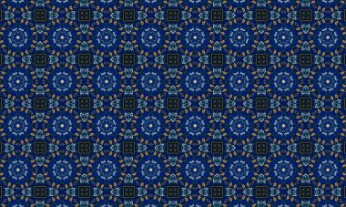 Soyut arkaplanı olan kusursuz bir model. Siyah ve mavi renkli klasik çiçek deseni..