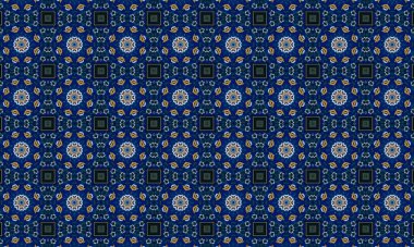 Soyut arkaplanı olan kusursuz bir model. Siyah ve mavi renkli klasik çiçek deseni..