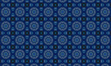 Soyut arkaplanı olan kusursuz bir model. Siyah ve mavi renkli klasik çiçek deseni..