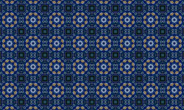 Soyut arkaplanı olan kusursuz bir model. Siyah ve mavi renkli klasik çiçek deseni..