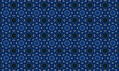 Soyut arkaplanı olan kusursuz bir model. Siyah ve mavi renkli klasik çiçek deseni..