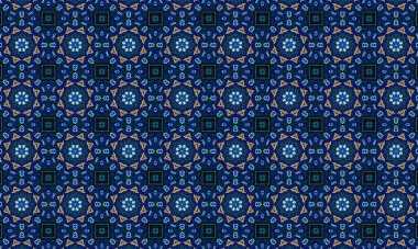 Soyut arkaplanı olan kusursuz bir model. Siyah ve mavi renkli klasik çiçek deseni..