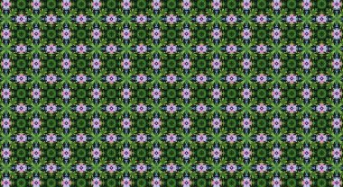 Raster Illustrasyon. Yeşil, pembe ve mor renkli güzel çiçek deseni.