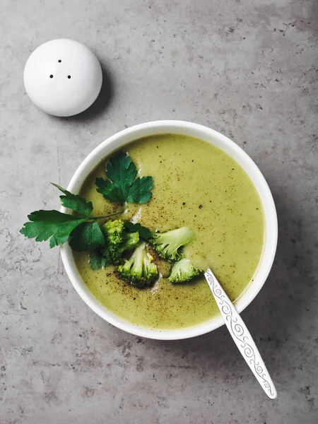 Sopa Crema Brócoli Verde Tazón Vista Superior — Foto de Stock
