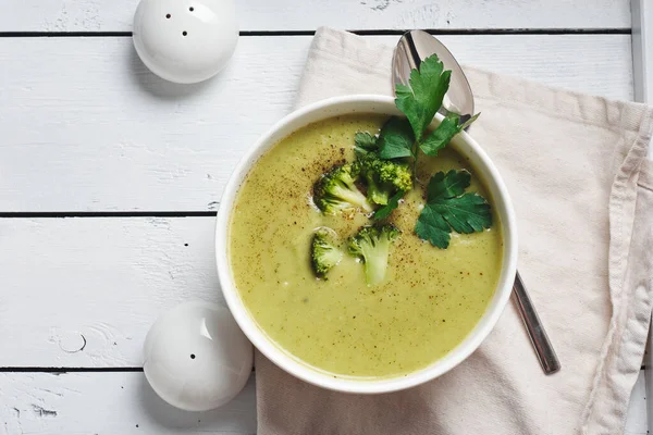 Sopa Crema Brócoli Verde Tazón Vista Superior — Foto de Stock