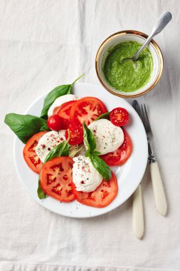 Caprese salatası. Domates, mozarella peyniri, fesleğen yaprağı ve pesto sosu..