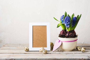 Mavi sümbüller, fotoğraf çerçevesi ve bıldırcın yumurtaları ahşap bir masada..
