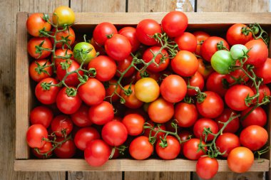 Ripe red cherry tomatoes in a wooden box.