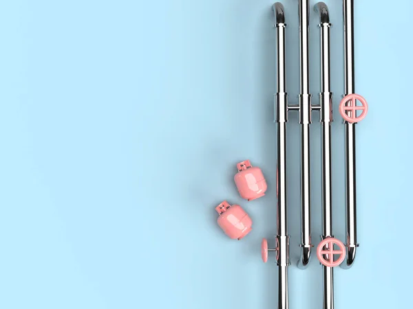 3Dレンダリング ピンクのバルブとピンクのガスシリンダーとガスパイプラインの鋼管 上からの眺め ポストカードやバナー 青の背景 — ストック写真
