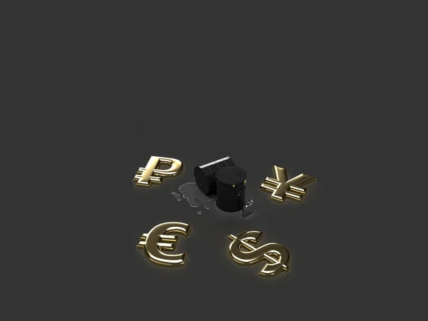 3D渲染 黑色油桶和带有货币图标的黑色汽油罐 市场上的石油价格 — 图库照片