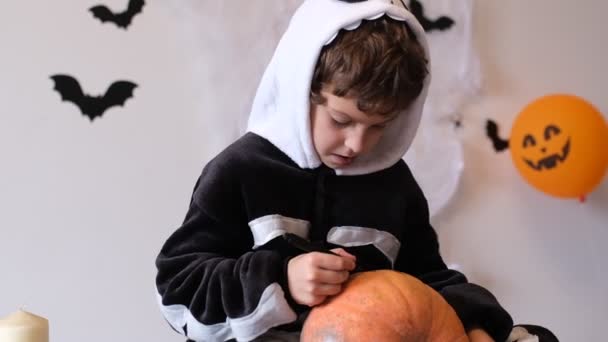 衣装スケルトンの男の子はハロウィンのための顔カボチャを描きます,ハロウィン祭りのための概念. — ストック動画