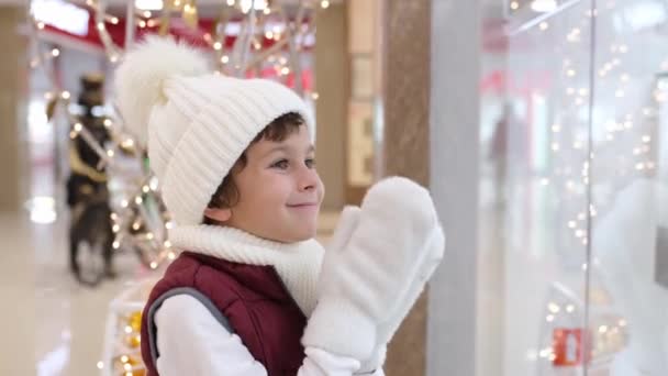 白いミトンの少年は店の窓を見て手をこすり — ストック動画