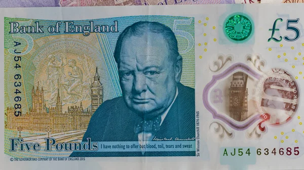 Nota Cinco Libras Bank England Com Retrato Winston Churchill Reverso — Fotografia de Stock