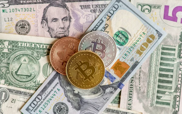 Bitcoinler nakit veya dolar banknotlarına karşı konsepti