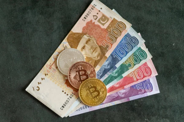 Pakisztáni Bankjegyek Felett Lerakott Bitcoinok — Stock Fotó