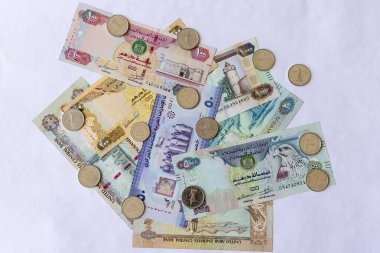 İzole edilmiş beyaz arkaplanda bozuk paraları olan BAE banknotları