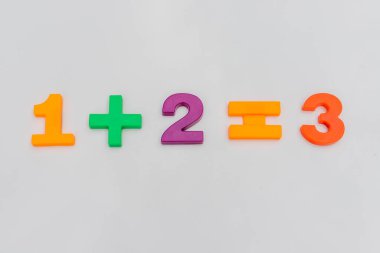 Matematik bir artı iki, beyaz arkaplandaki üç renkli sayıya eşittir.