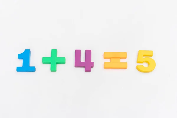 Matemática Mais Quatro Igual Cinco Dos Números Coloridos Fundo Branco — Fotografia de Stock