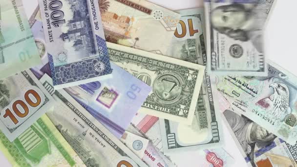 Billetes Mixtos Caída Monedas Mundiales Lloviendo — Vídeos de Stock