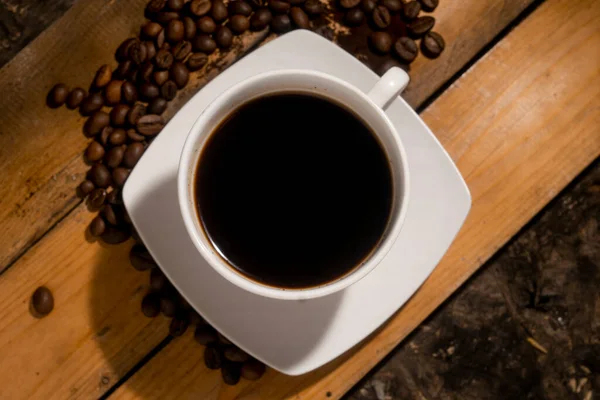 Cup Hot Black Coffee Wooden Board — Stock Photo, Image