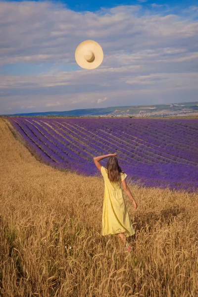 Ontmoeting van twee werelden: een meisje in een gele jurk tussen een tarwe- en lavendelveld — Stockfoto