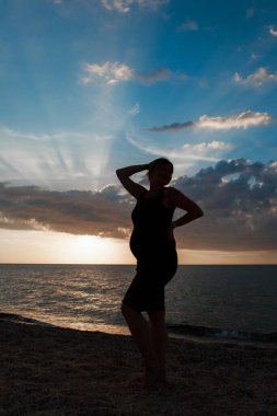 Denize yolculuk. Elbiseli ve şapkalı bir kız kumsalda yürüyor. Deniz kıyısında yürüyen bir turist. Tatil döneminde sıcak seyahatler. Boşluğu kopyala