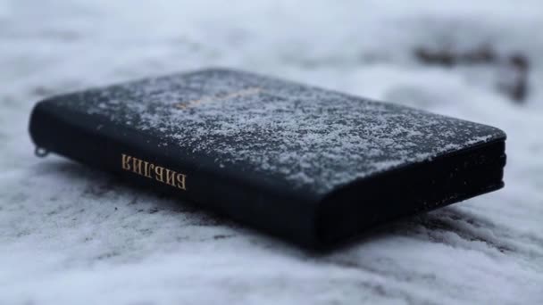 Kitab suci hitam close-up. Salju jatuh pada buku. Firman Allah untuk Natal — Stok Video