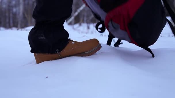 Nieve de invierno concepto de deporte extremo al aire libre. un turista sube a la montaña en invierno. pie en la nieve primer plano. botas de esquí — Vídeos de Stock