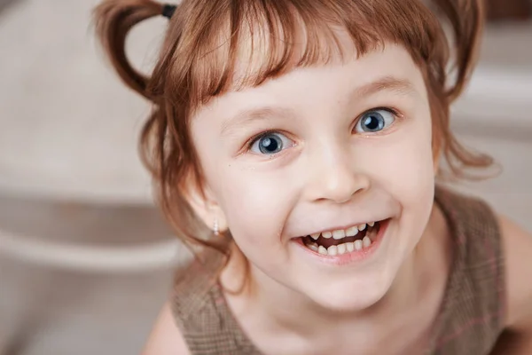 Criança pequena adorável positiva alegre com duas caudas de pônei, vestida com t-shirt listrada, expressa emoções agradáveis, estando feliz em receber novo brinquedo dos pais, espaço de cópia — Fotografia de Stock