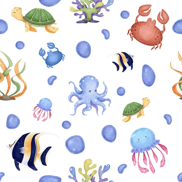 Seamless pattern with marine life: octopus, fish, jellyfish, crab, corals, algae. Digital illustration. Childrens texture in a marine style on a white background. Great for fabrics, textiles — Stock Photo, Image