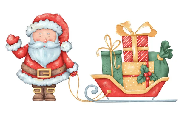 Santa Claus se sáněmi a vánoční dárky na izolovaném pozadí. Ručně kreslené digitální vánoční ilustrace. Roztomilý symbol nového roku. — Stock fotografie
