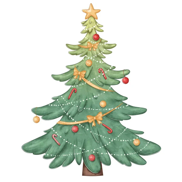 Рождественская елка Иллюстрация к Новому году. Дерево украшено гирляндой, луками, новогодними игрушками. Подходит для плакатов, баннеров, наклеек. — стоковое фото