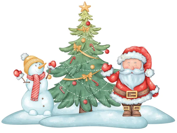 Bir kardan adam ve Noel Baba ile Noel ağacı. Yeni yıl için illüstrasyon. Ağaç bir çelenk, fiyonk ve yeni yıl oyuncaklarıyla süslenmiş. Posterler, afişler, çıkartmalar için uygun. — Stok fotoğraf