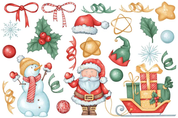 Новогодние наборы с рождественскими элементами и персонажами: снеговик, Санта-Клаус, снежинка, мяч, конфетти, подарки, ботинки, звезды, святыни. Рождественская иллюстрация на изолированном фоне. Подходит для открыток — стоковое фото